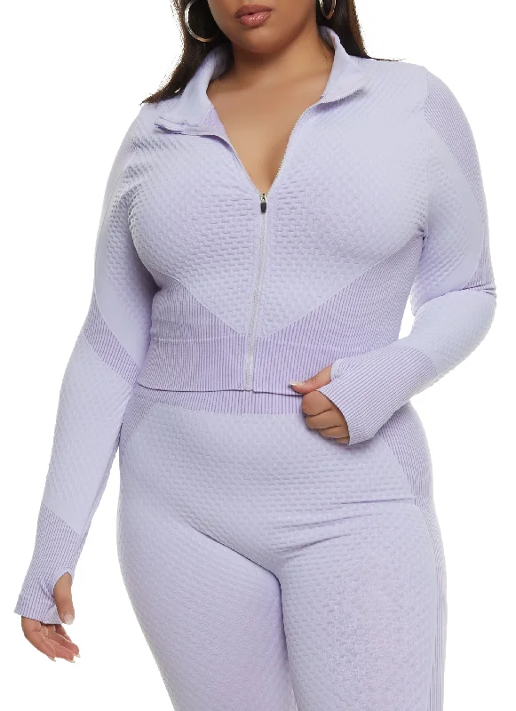 Plus Size Daisy Seamless Textured Knit Zip Front Track Jacket