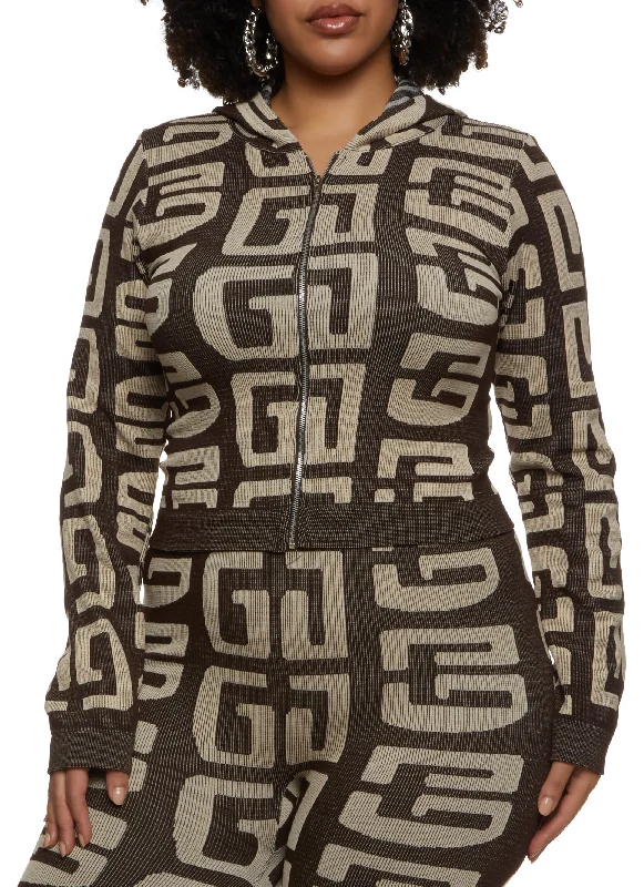 Plus Size Seamless Geometric Print Track Jacket