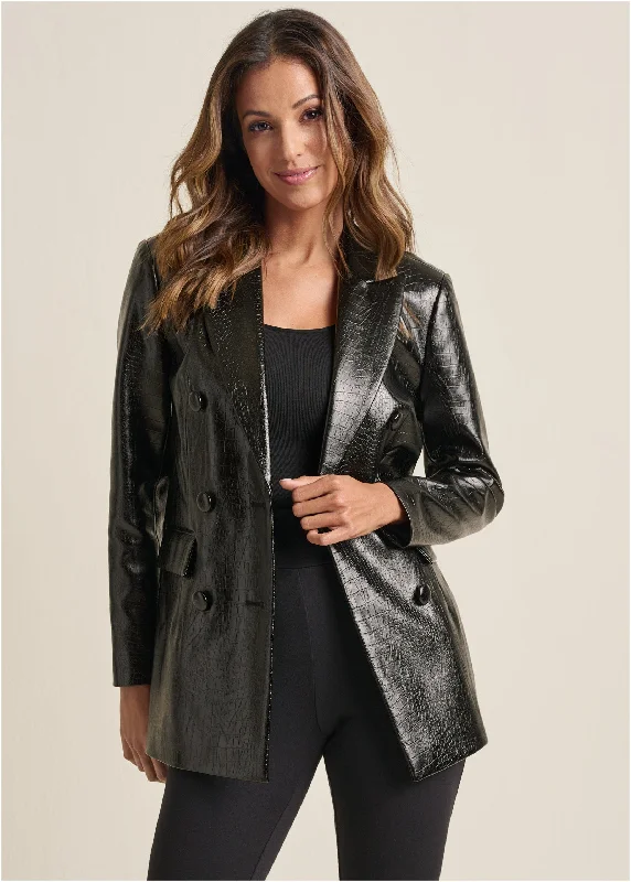 Faux Croc Blazer - Black