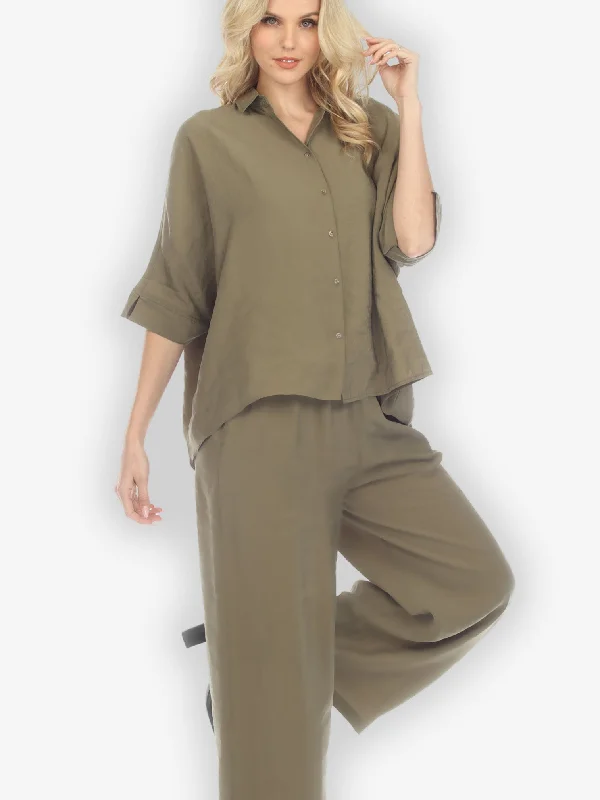 Solid Rayon Khaki Pull on Pant