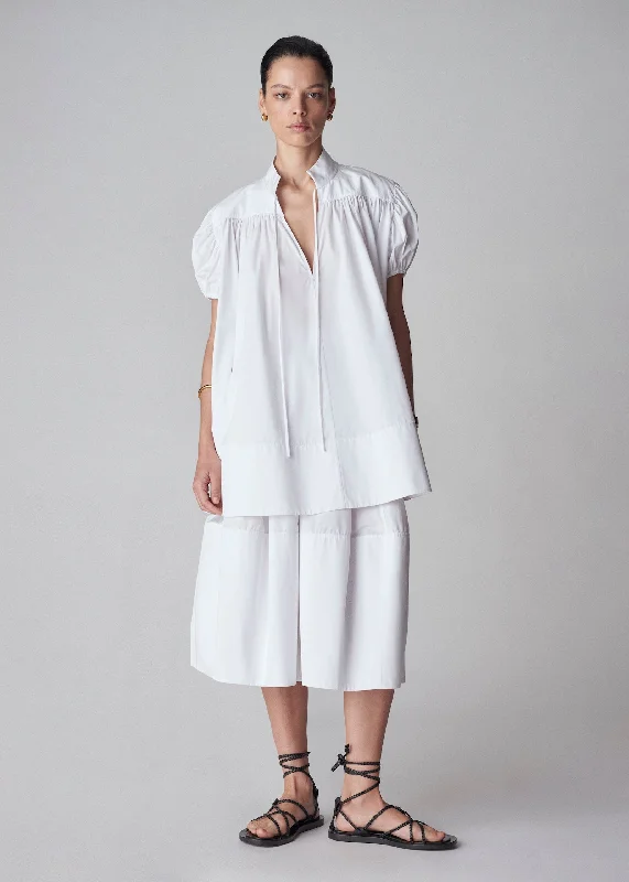 Puff Sleeve Gathered Shirt in Cotton Poplin - White