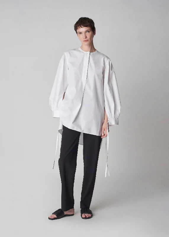 Collarless Tunic Shirt in Cotton Poplin - White