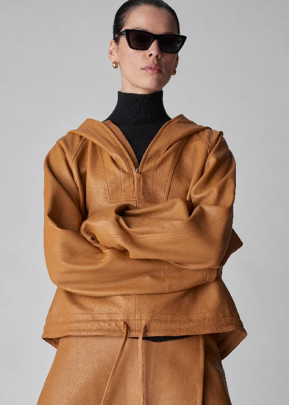 Hooded Half Zip Pullover in Leather - Ochre