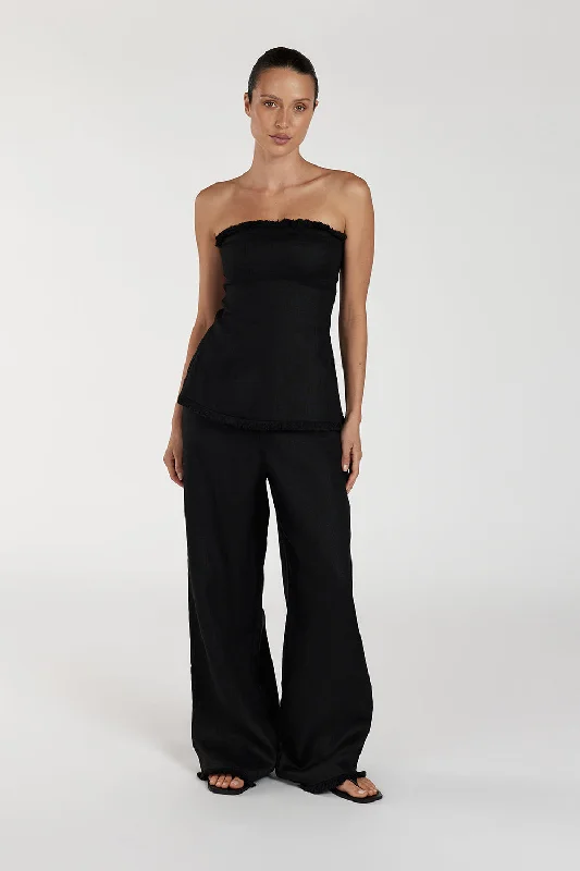 ZAHARA BLACK LINEN FRINGED PANT