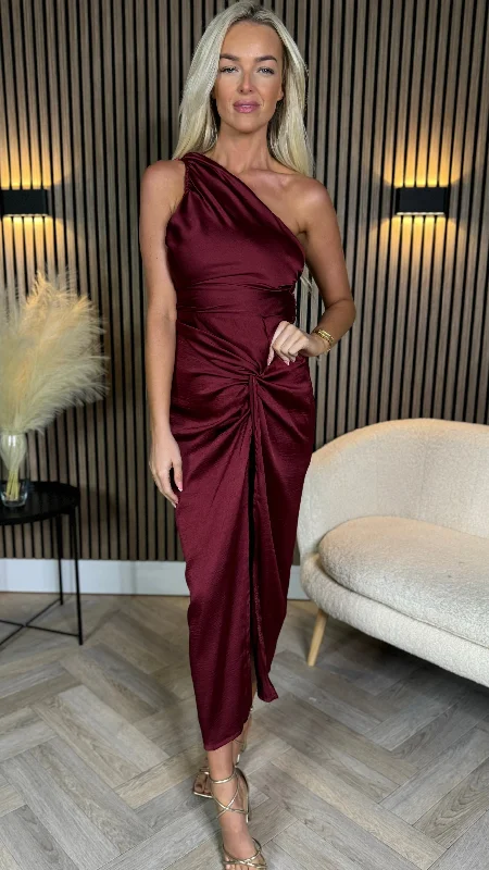 Alexis Burgundy One Shoulder Knot Skirt Satin Midi Dress