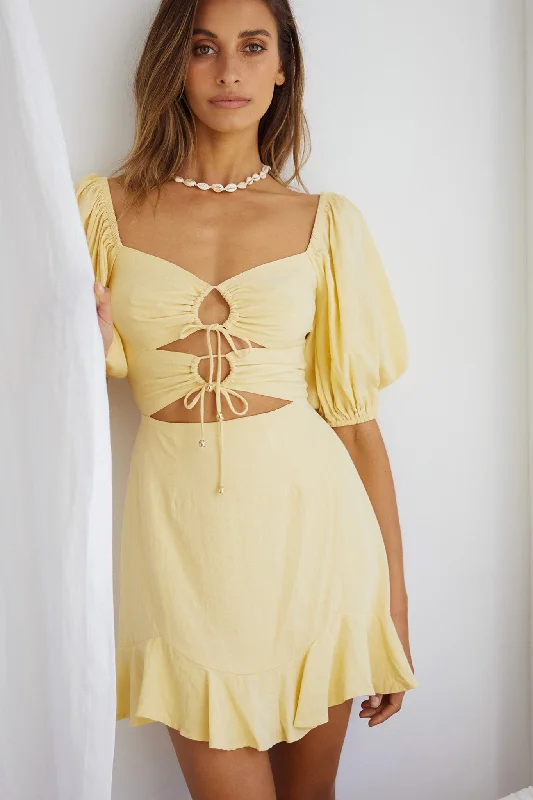 Alma Drawstring Circle Bust Puff Sleeve Mini Dress Yellow