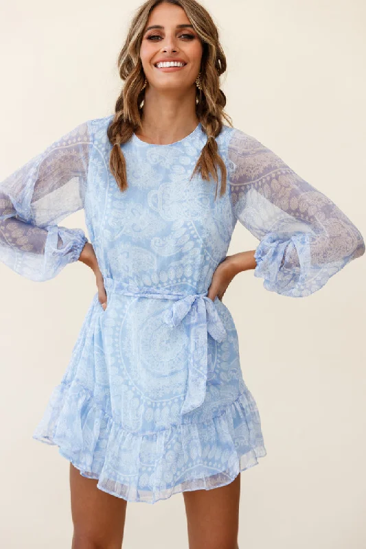 Always & Forever Long Balloon Sleeve Crew Neck Dress Paisley Print Blue