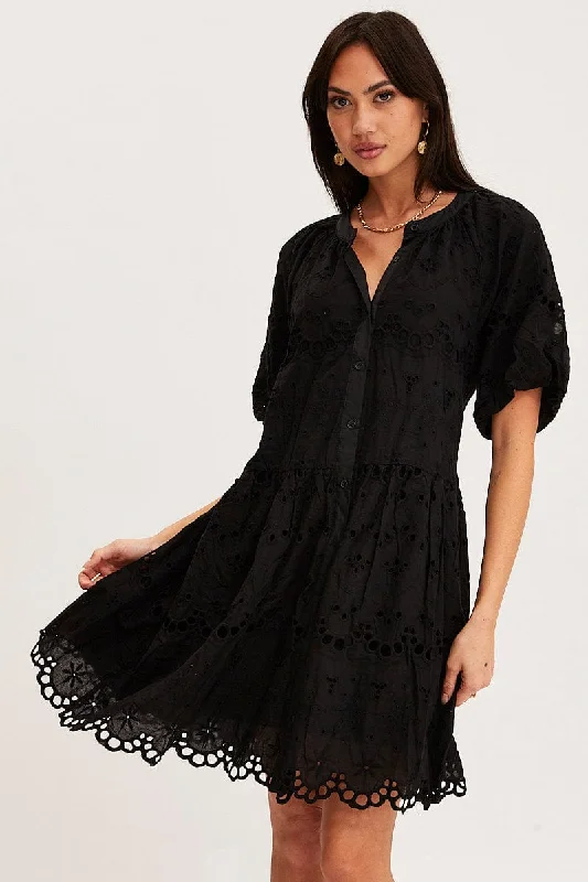 Black Fit And Flare Dress Short Sleeve V Neck