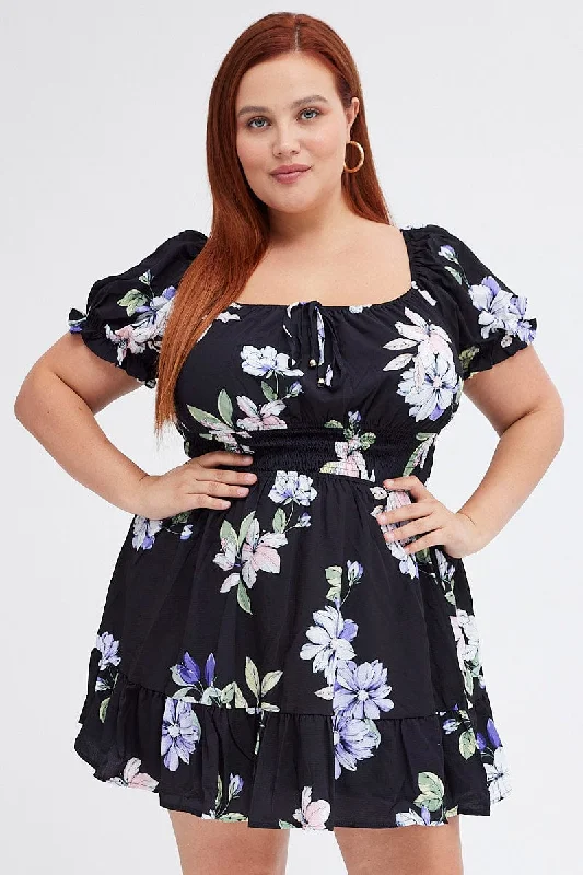 Black Floral Fit And Flare Dress Short Sleeve Gathered Bust