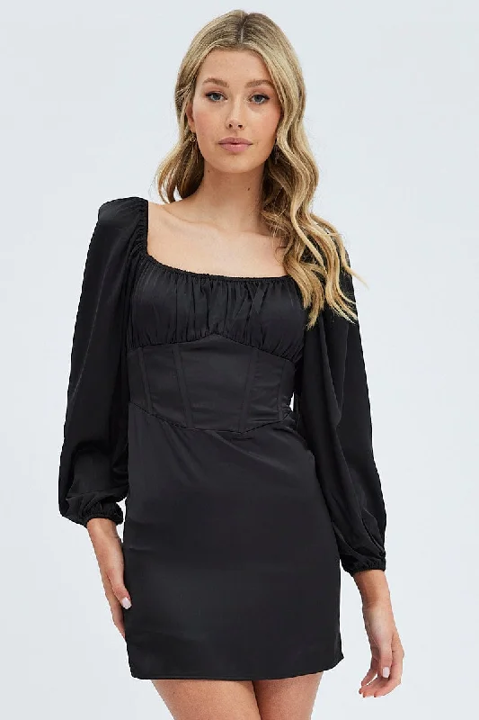 Black Mini Dress Corset Detail Long Sleeve