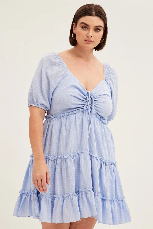 Blue Fit And Flare Dress Short Sleeve Front Ruched