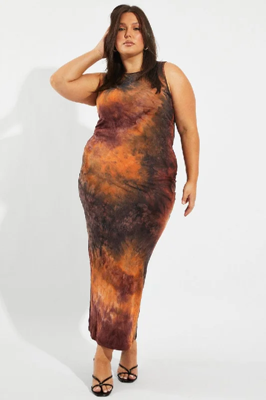 Brown Abstract Maxi Dress Sleeveless Jersey