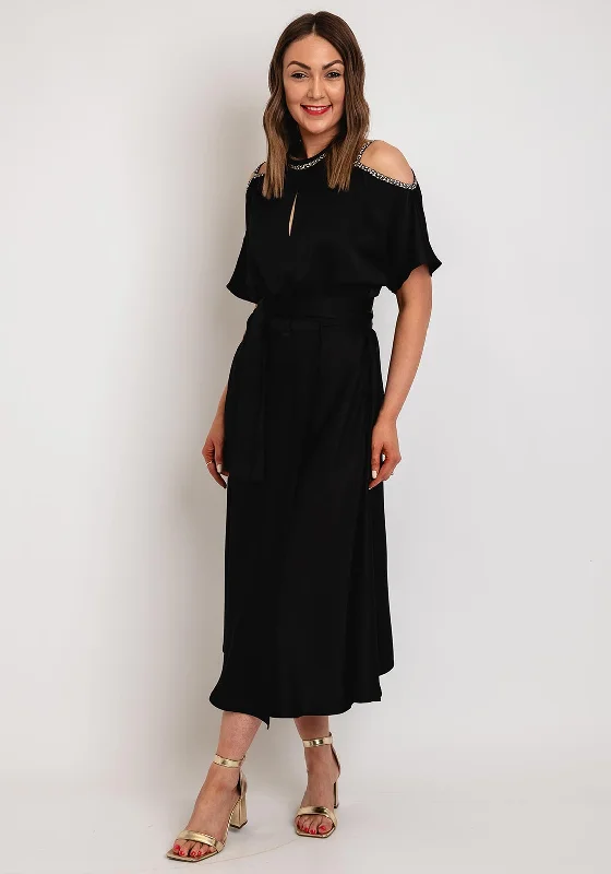 Camelot Cold Shoulder Satin Touch Midi Dress, Black