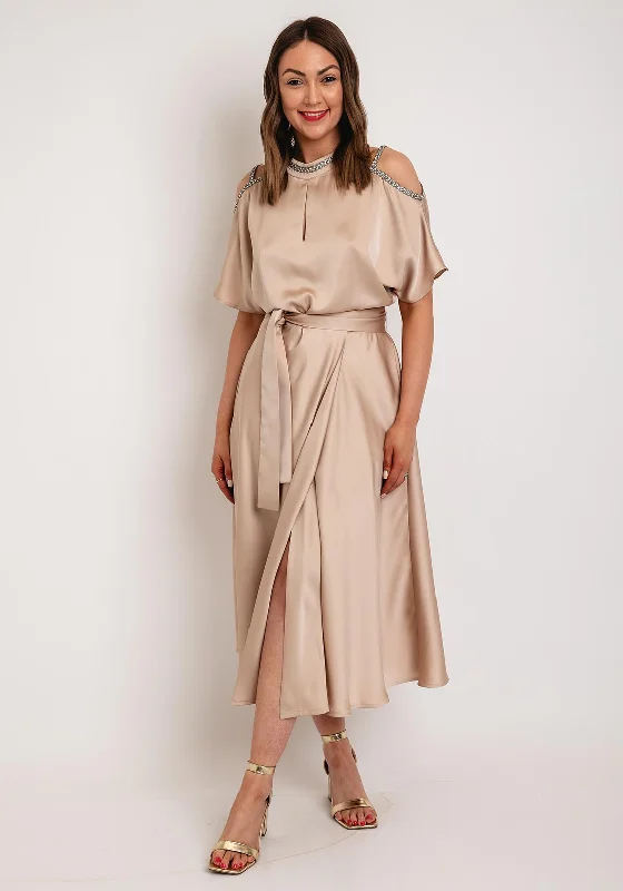 Camelot Cold Shoulder Satin Touch Midi Dress, Beige