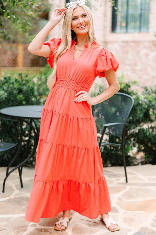 Coming Back For You Red Orange Tiered Midi Dress