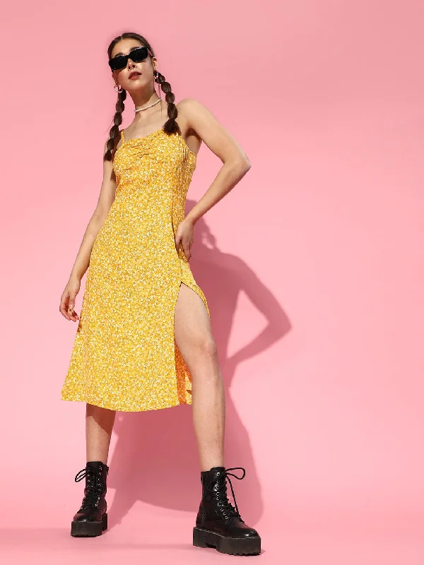 Berrylush Women Yellow & White Floral Printed Sweetheart Neck Straight Hem Slited A-Line Midi Dress