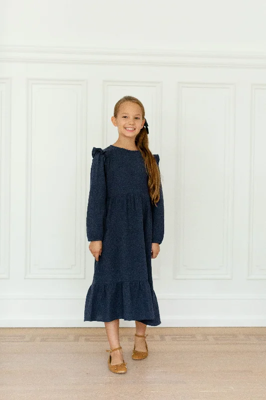 'Evyona' Girl Cotton Gauze Dress in Navy