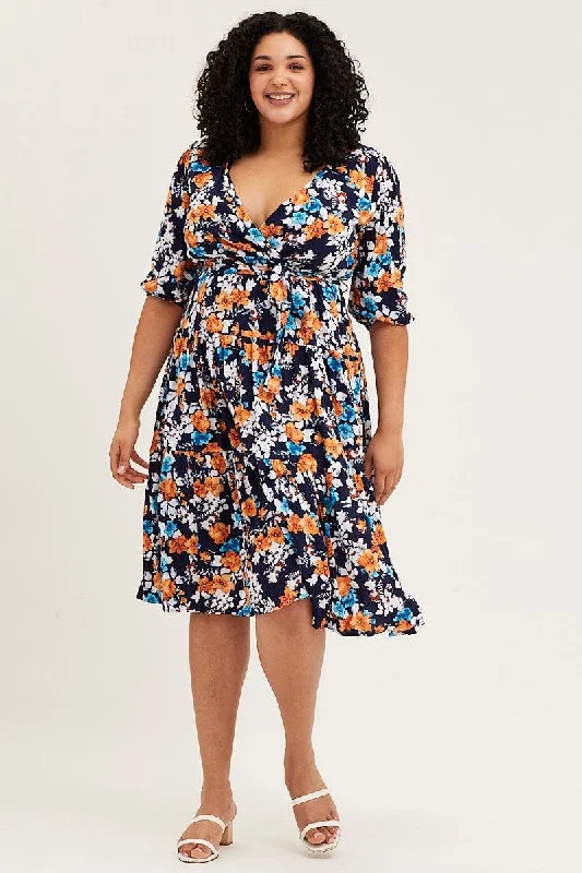 Floral Print Skater Dress V-neck Three-Quarter Sleeve