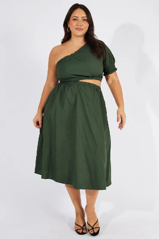 Green One Sleeve Cotton Midi Dress With Pockets