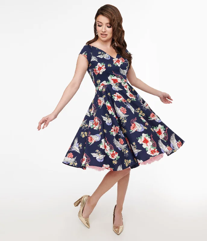 Hell Bunny 1950s Navy Floral & Cranes Cotton Swing Dress