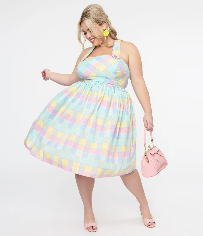 Hell Bunny Plus Size 1950s Pastel Rainbow Check Cotton Swing Dress