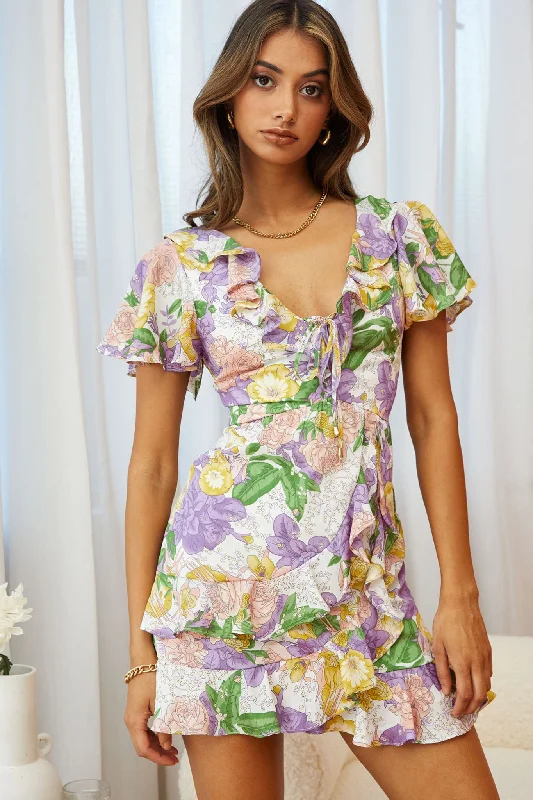 Kalina Ruffle Neckline Flutter Sleeve Mini Dress Floral Print Purple