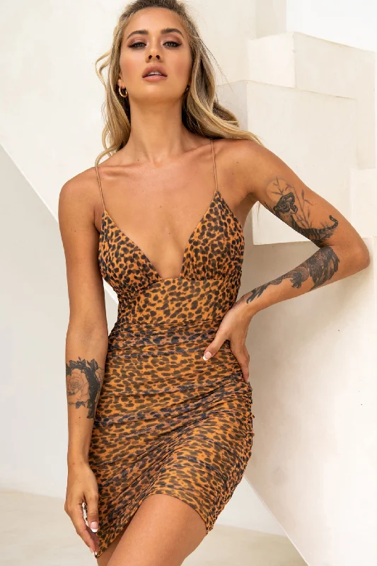 Party Animal Ruched Side Mini Dress Leopard Print Orange