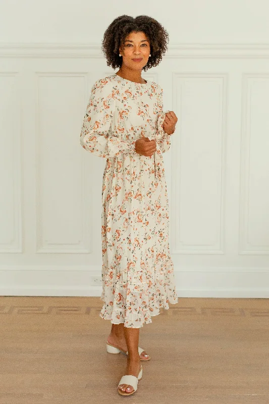 'Phyllis' Rust Floral Ruffle Hem Chiffon Dress in Cream