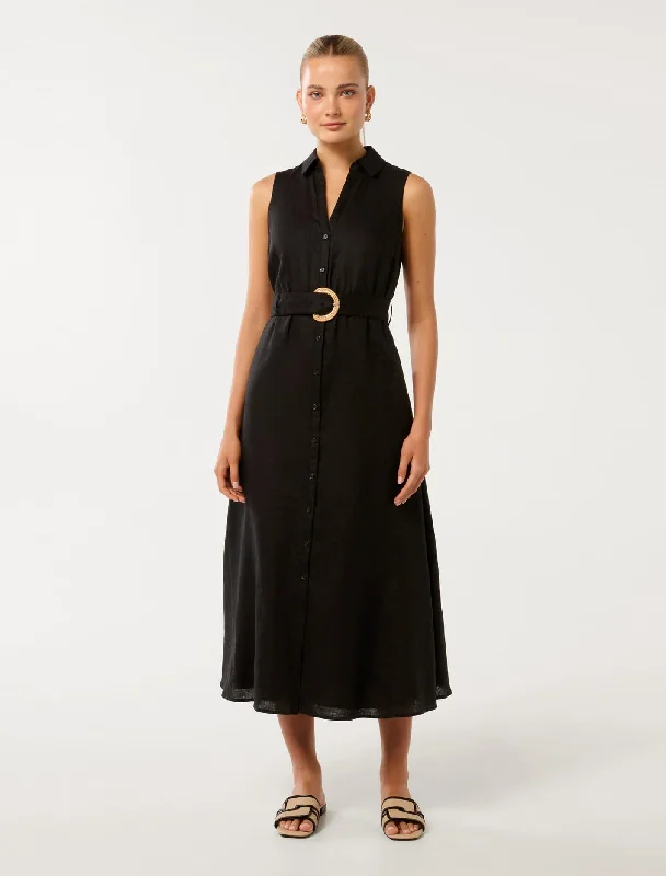 Pippa Collared Button Front Linen Midi Dress