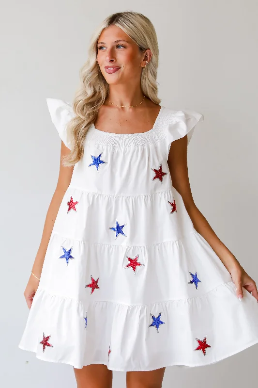 FINAL SALE - Sensationally Precious White Sequin Star Tiered Mini Dress