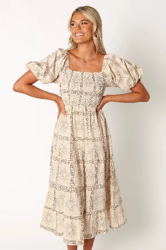 Soliel Puff Sleeve Midi Dress - White Tan