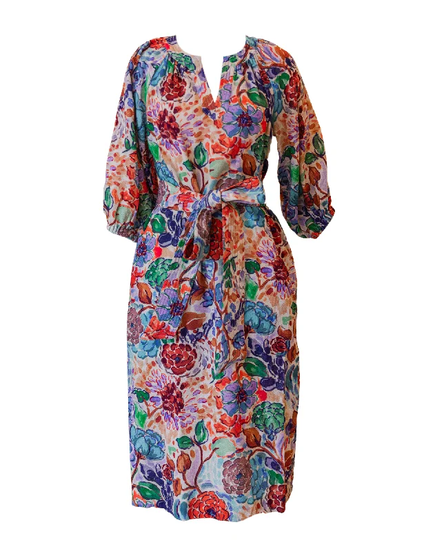 Trapunto Blouson Dress - Multi Floral Crepe