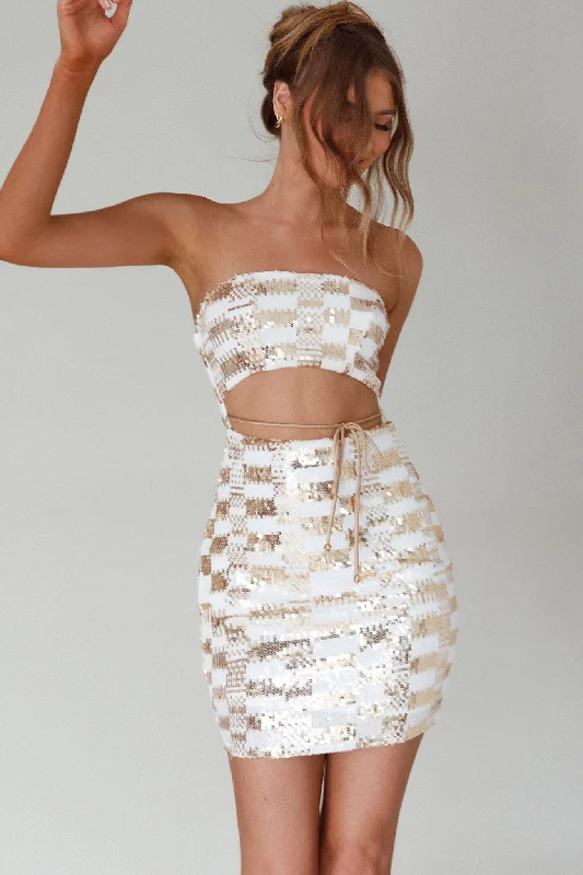 Tupelo Cut-Out Waist Sequin Mini Dress Gold/White