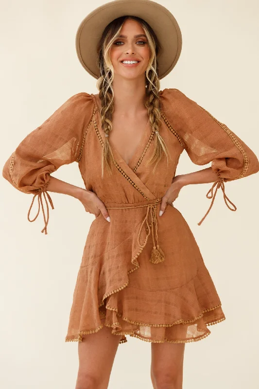 Wilde Balloon Sleeve Crochet Trim Dress Tan