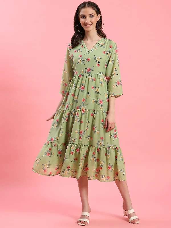 Women Green V-Neck Printed Dress