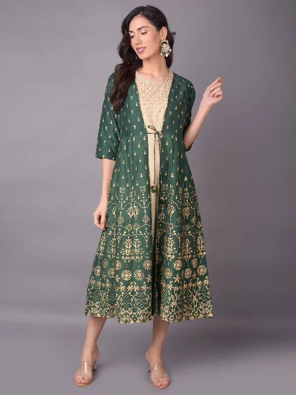 Women Green Floral Printed Dress With Jacket