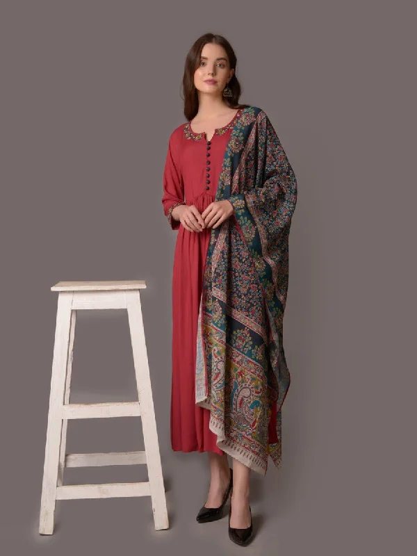 Women Maroon Embroidered Dress With Dupatta