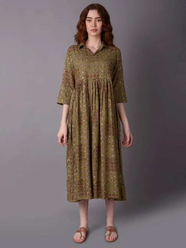 Women Olive Floral Printed Dress