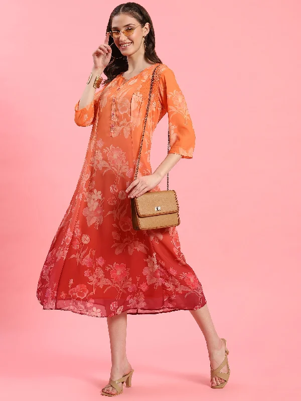 Women Orange Floral Printed Dress