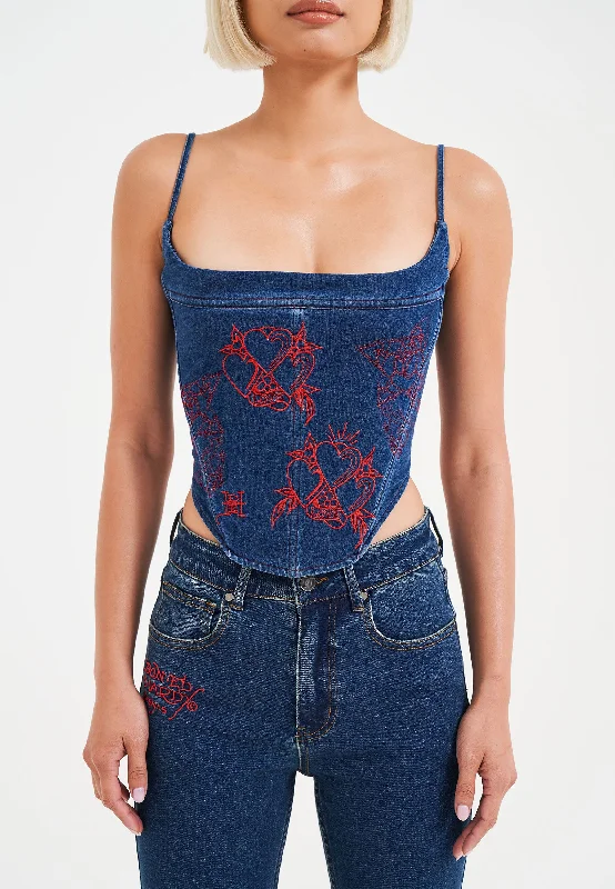 Womens Rouge Hearts Denim Corset Top - Indigo