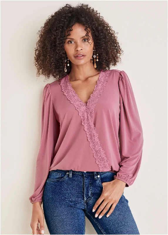 Faux Wrap Lace Trim Blouse - Heather Rose