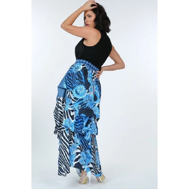 Animal Chain Print Denim Tacked Maxi Skirt In Black Gold