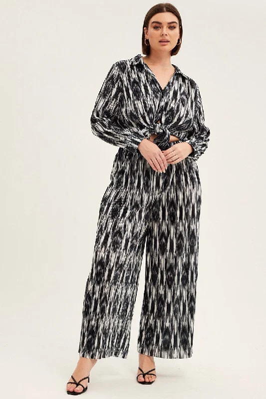 Black Print Plisse Pants Wide Leg High Rise