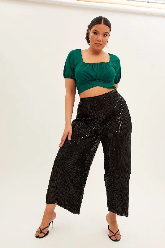 Black Wide Leg Pants High Waist Sequin