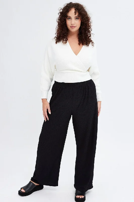 Black Wideleg Pants Textured Jersey