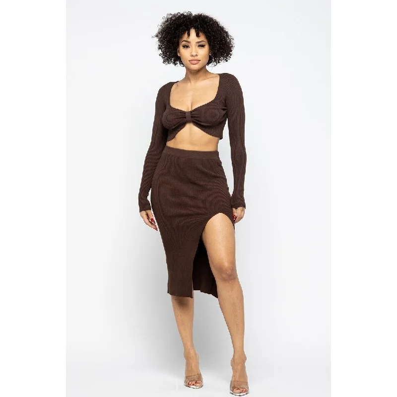 Chocolate High Slit Skirt Set with Up Down Design