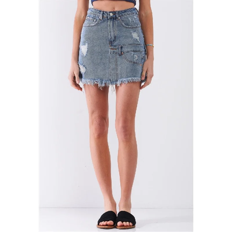 Cotton Mini Skirt with Distressed Effect Asymmetrical Trim Raw Hem Detail