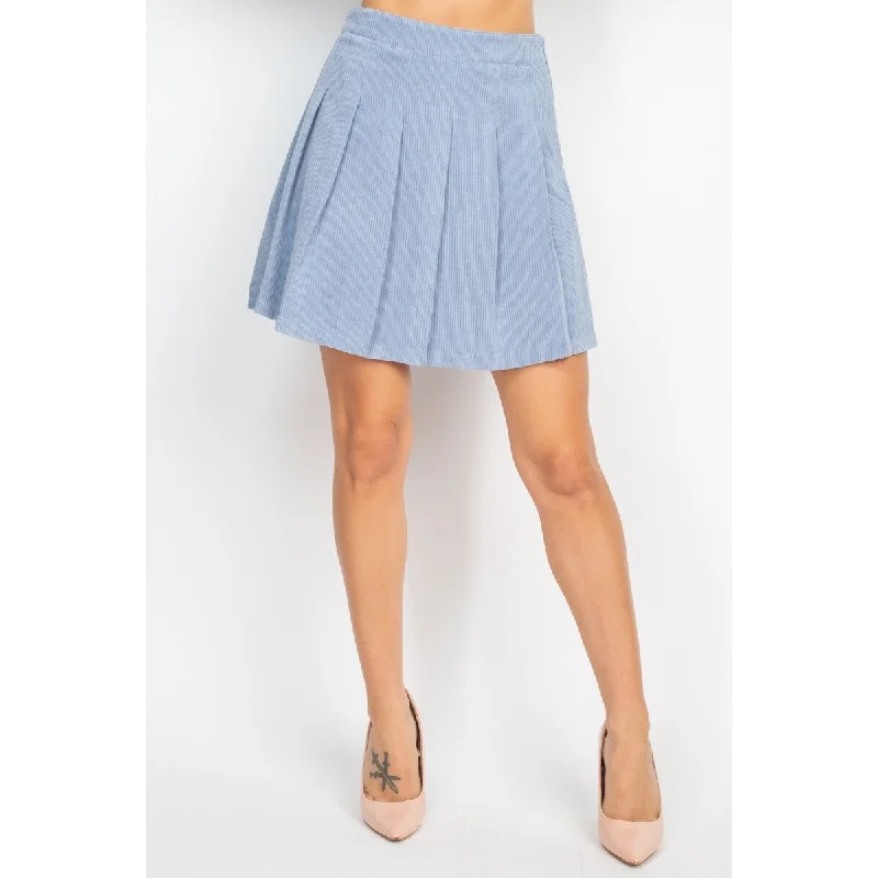 Dark Blue A-Line Corduroy Pleated Mini Skirt for Women