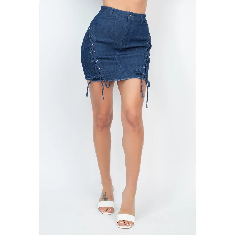 Dark Denim Criss-Cross Distressing Hem Skirt