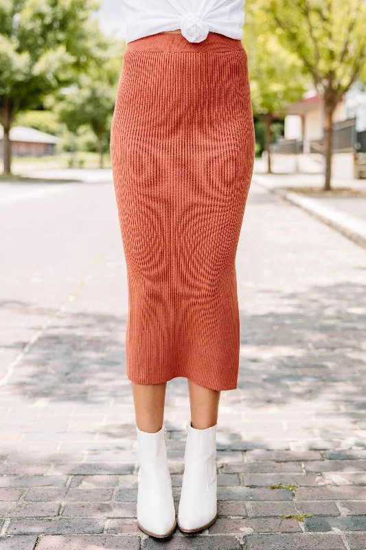 Get It Going Marsala Orange Ribbed Midi Skirt